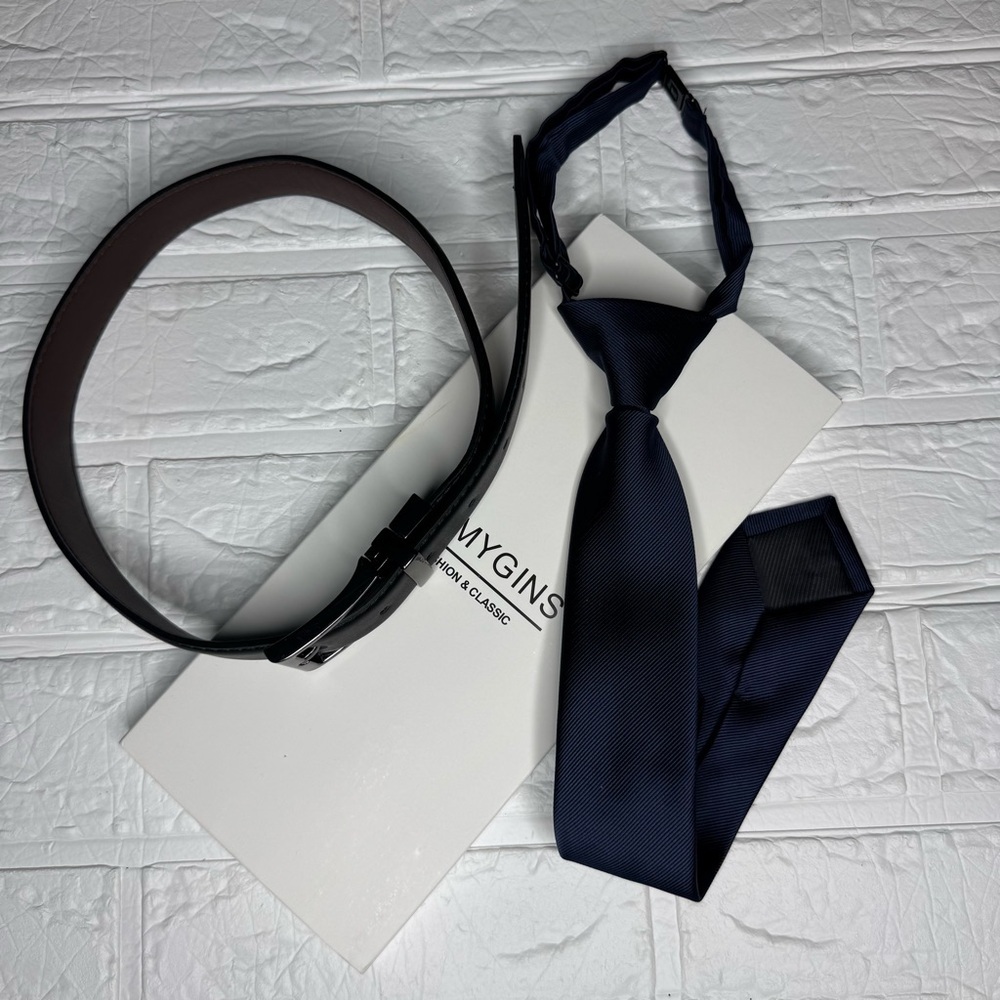 Navy Blue Tie and Black/Brown Belt Set for Kids 8yo